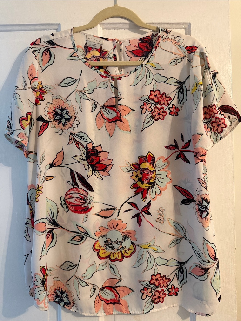 Van Heusen White Floral Keyhole Blouse with Coral & Yellow Accents